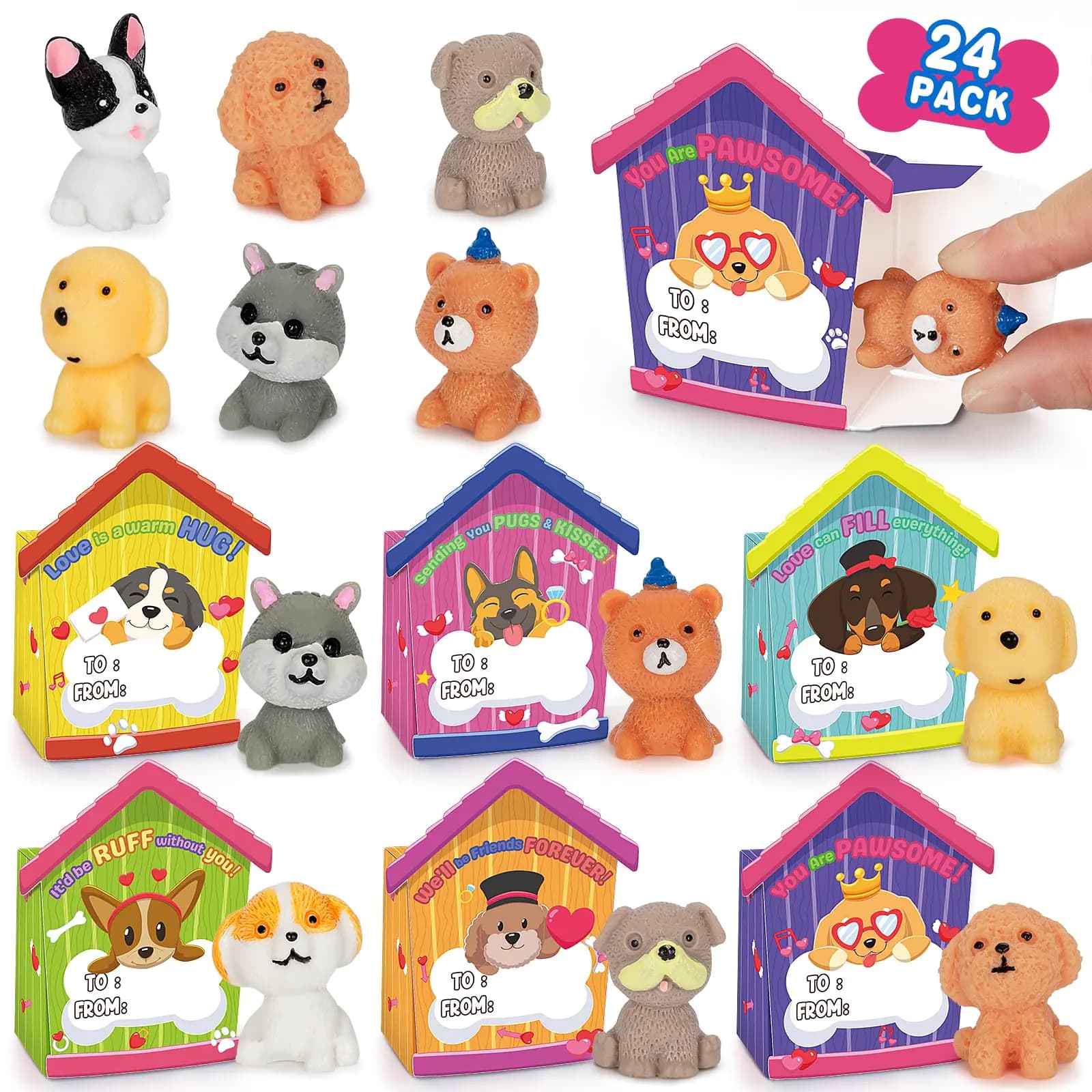 24 Pack Valentines Day Cards with Dog Figurines Valentines Day Gifts for Kids of Puppy Miniature Toys Kids Valentines Day Cards Box & Resin Mini Dog Toys Valentines Party Favors for Boys Girls