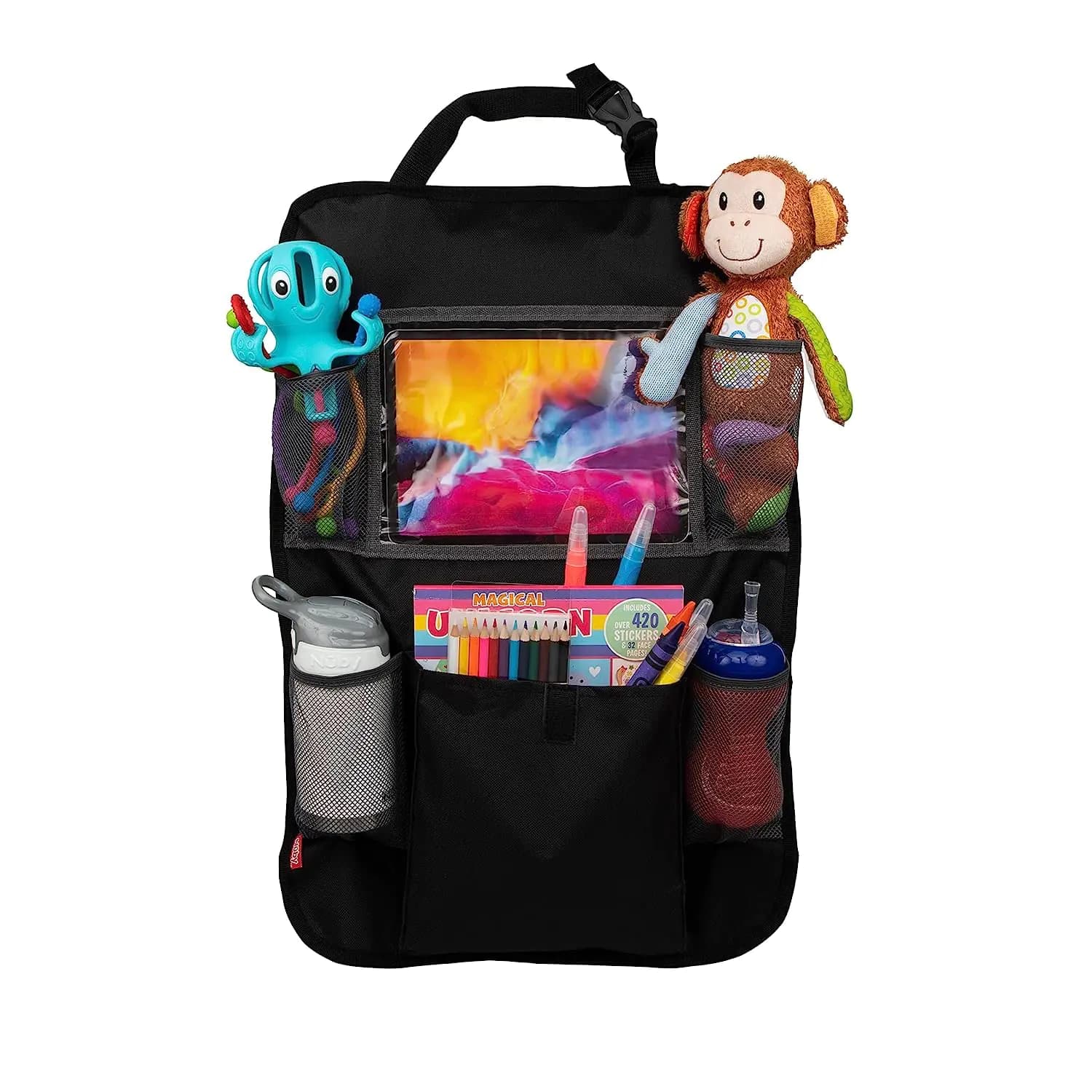 Nuby Ultimate Backseat Car Organizer and Storage - Pockets Tablet Holder Toy Clips and Removable Zipper Pouch - Car Accessories for Kids