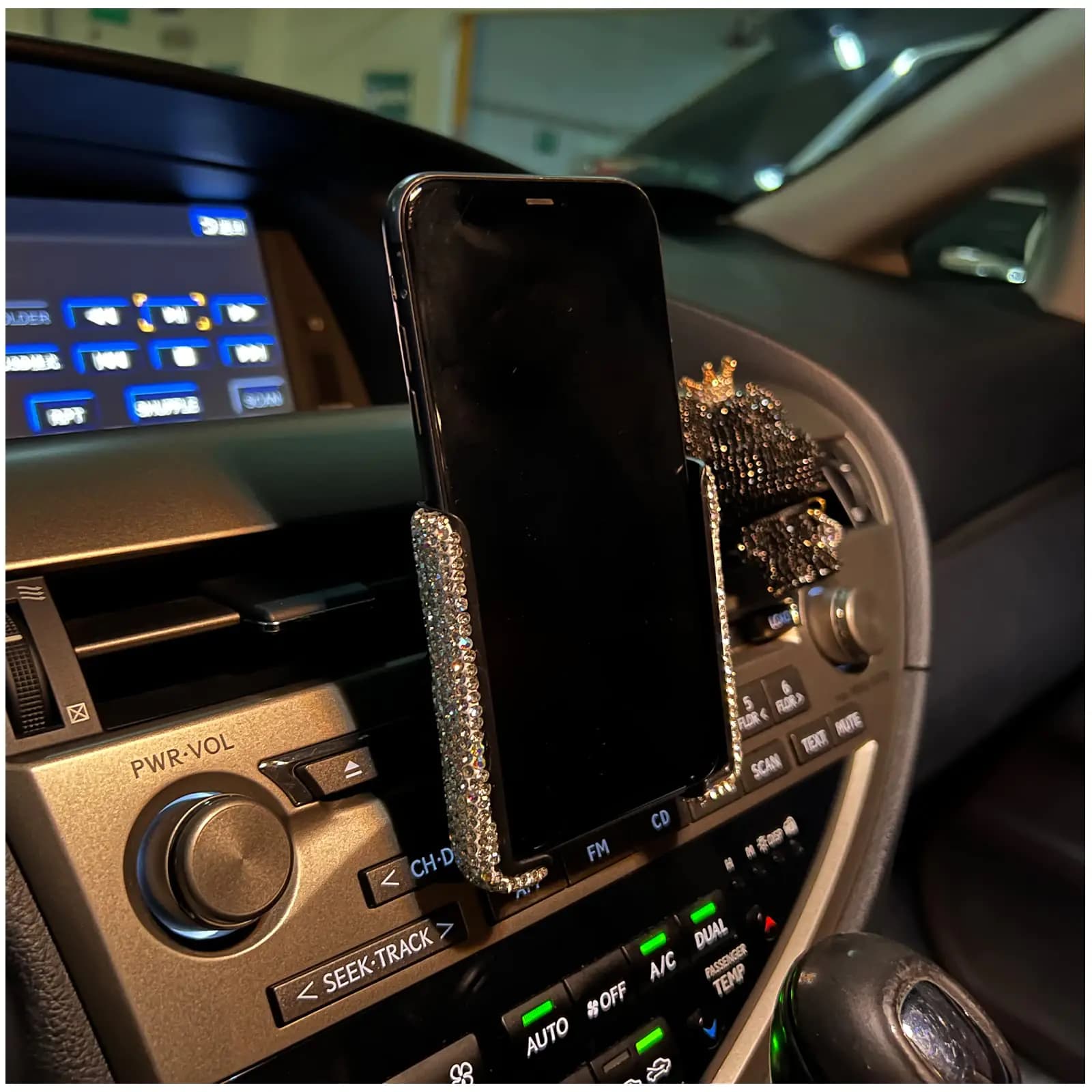 Bling Car Phone Holder Universal Crystal Rhinestone Cell Phone Holder for Dashboard Mini Car Dash Air Vent 360°Adjustable Auto Phone Mount Car Accessories for Women and Girls (White)