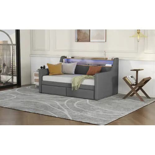 Twin Size Daybed With Storage Drawers, Upholstered Daybed With Charging Station And LED Lights, Gray