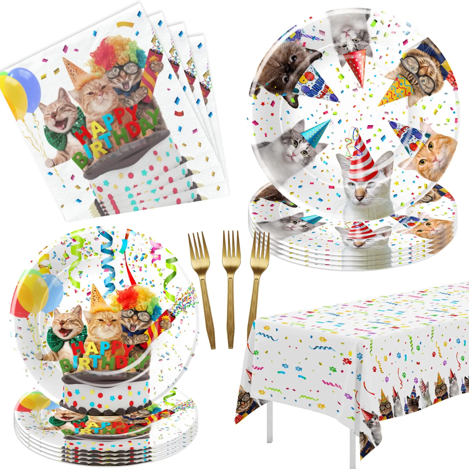 APOWBLS Cat Birthday Party Supplies - Cat Party Decorations Dinnerware Plates Cups Napkins Tablecloth Fork Kitten Birthday Party Supplies Cat Birthday Table Decorations Tableware | Serve 24