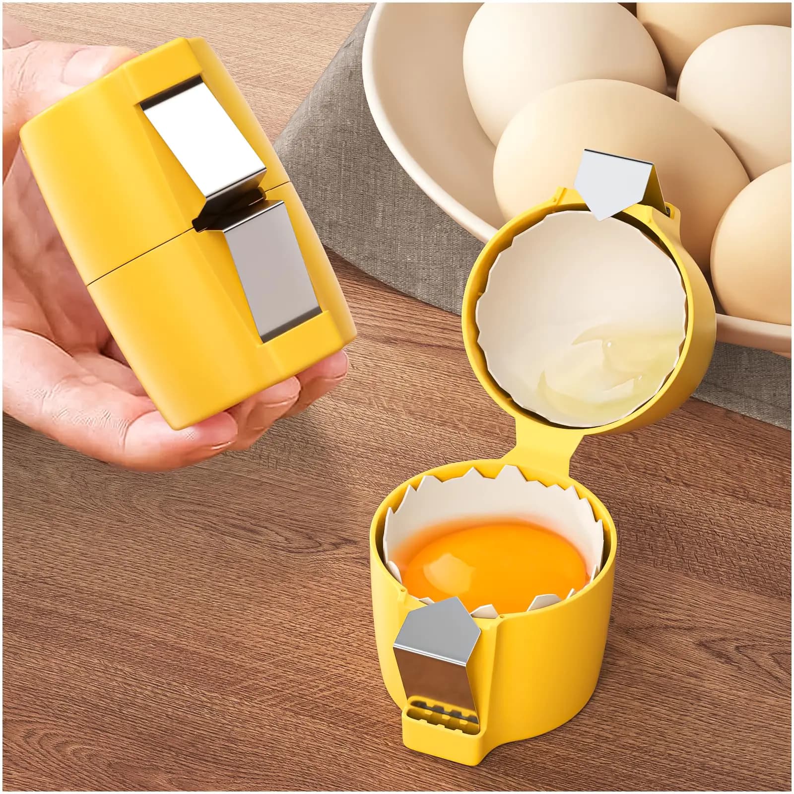 Egg Shell OpenerEgg Separator for Raw EggsEgg Shell Opener for Hard Boiled EggsHandheld Eggs Breaker Multifunctional Egg Cutter Egg Cracker and Separator for Kitchen Gadgets (Yellow)