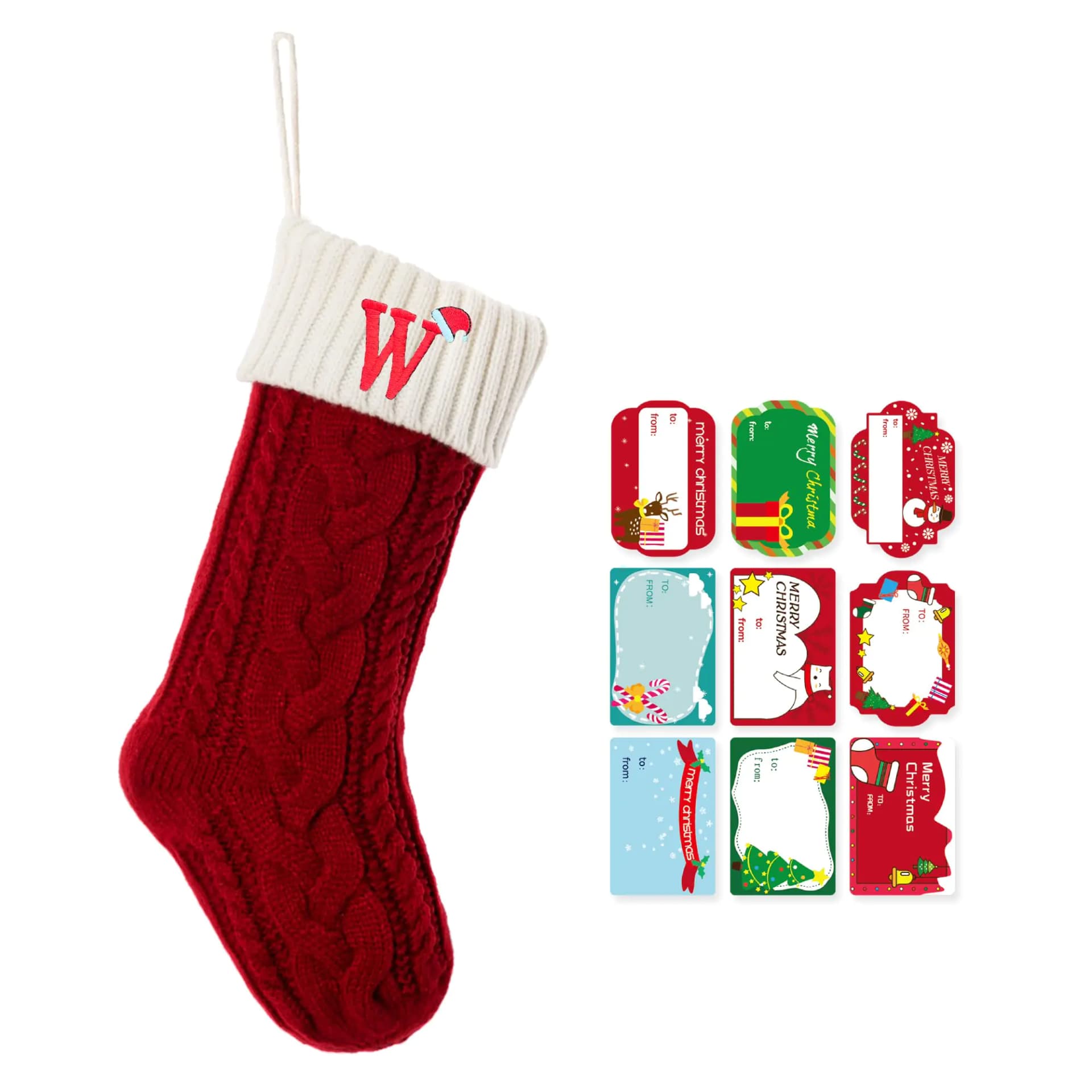 Christmas Stockings Personalized Custom Initials 18 Inches Knitted Christmas Stockings with Letter Fireplace Hanging Monogram Xmas Stockings for KidsFamily Holiday Party Decoration（Red and White W）