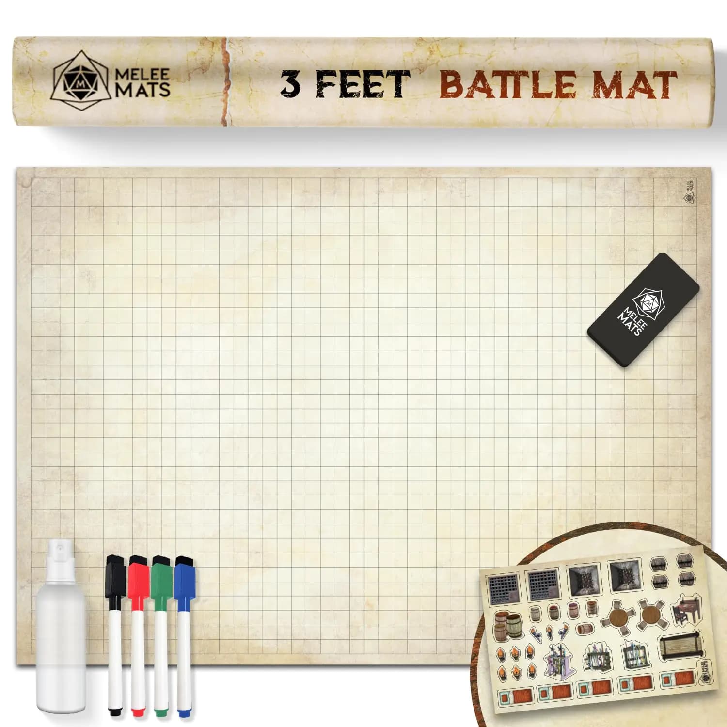 Melee Mats DND Map Starter Kit for Dungeons & Dragons Game - 24” x 36" Wet/Dry Erase Battle Terrain Grid - Ultimate Tabletop Gaming Experience with Accessories