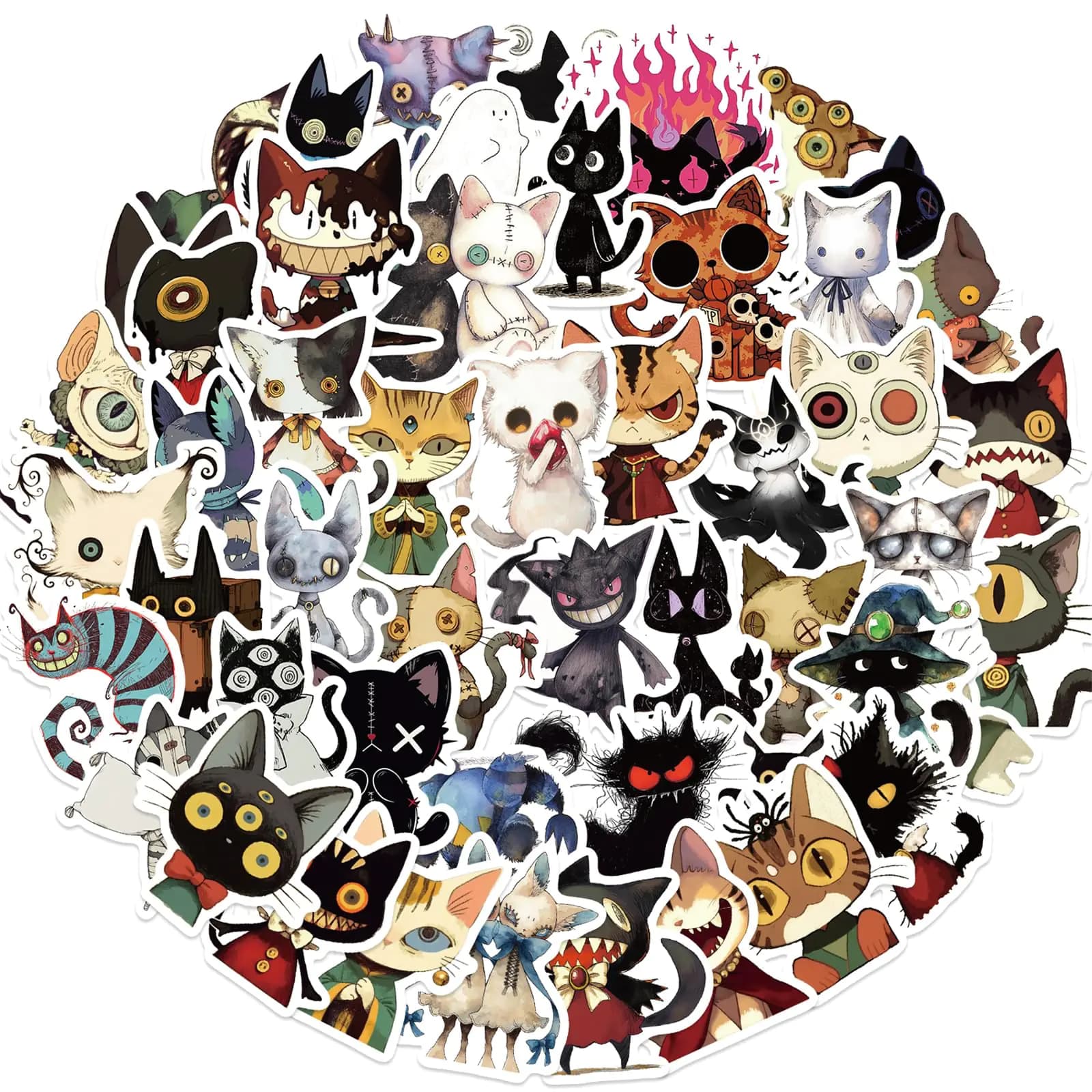 Gothic Cat Stickers for Water Bottle 50pcs Cool Ghost Cat Stickers for Teens Adults Waterproof Halloween Stickers for Laptop Phone Skateboard Party Supplies(Gothtic Cat)