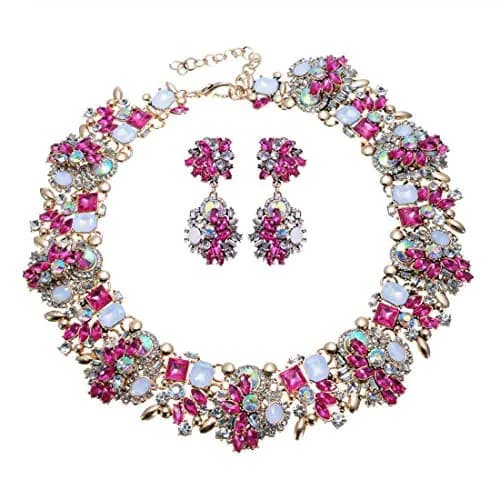 Vintage Crystal Rhinestone Statement Choker Bib Statement Necklace Earring Fashion Costume Jewelry Set for Women Rose