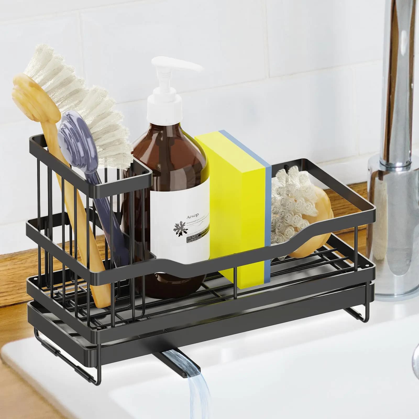 Vanwood Sink Caddy Sponge Holder for Kitchen Sink with High Brush Rack 360° Self Drain Kitchen Sink Organizer Sponge Caddy for Storage Dish Soap Dispenser - Kitchen Gadgets Accessories