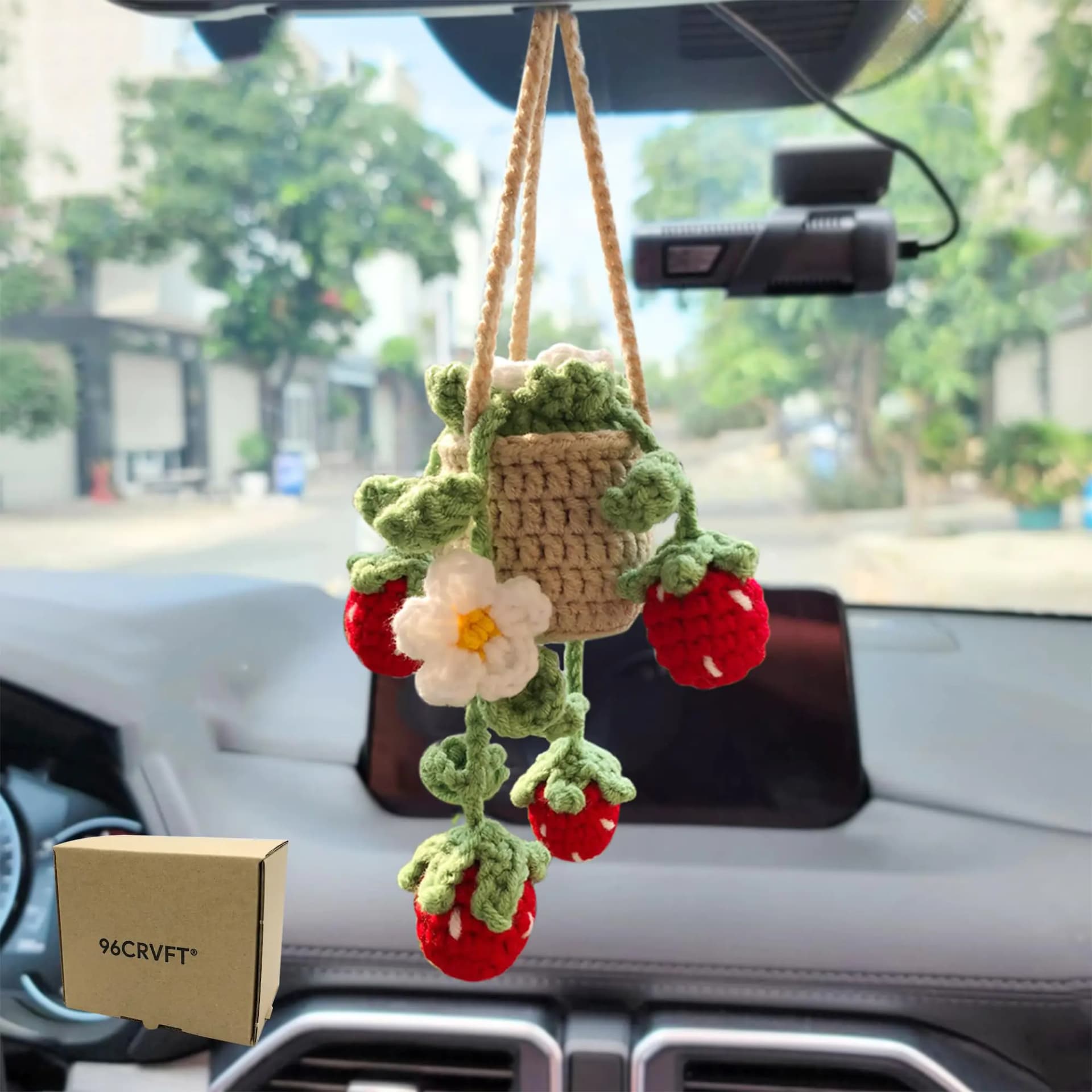 Crochet Daisy Strawberry Car Mirror Ornament