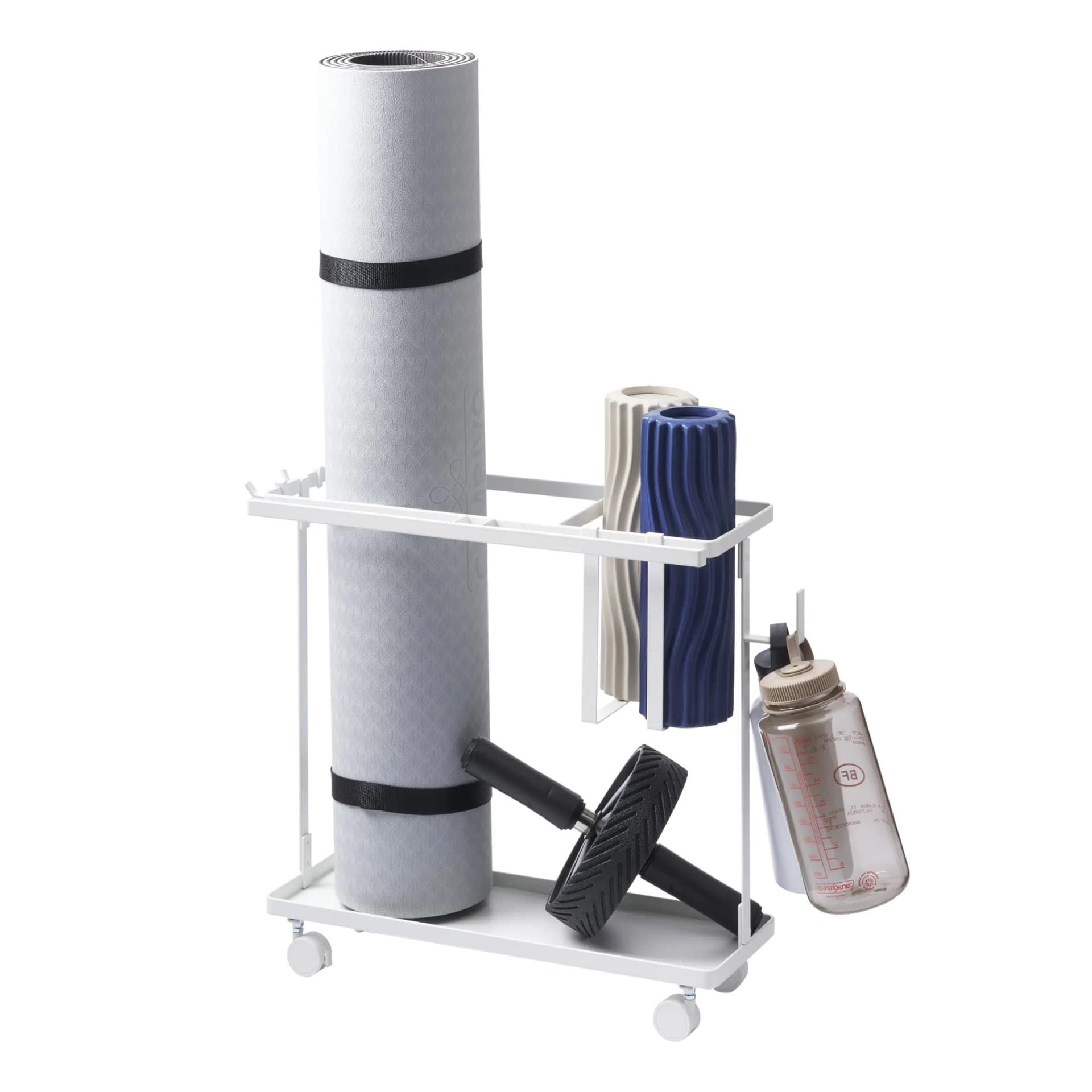 Yamazaki Home Tower Rolling Slim Fitness Rack With Adjustable Holder Casters Hooks For Gear Organization - Steel