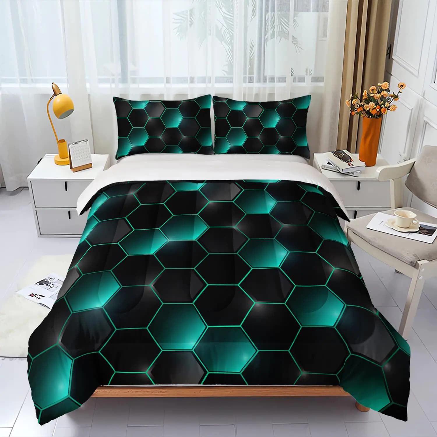 Geometric Black Green Neon Comforter SetLight Honeycomb 3 Piece Bedding Set Twin for Teen BoysModern Bedding Quilt Set Geometry DecorMicrofiber Lightweight 1 Comforter 2 Pillowcases All Season