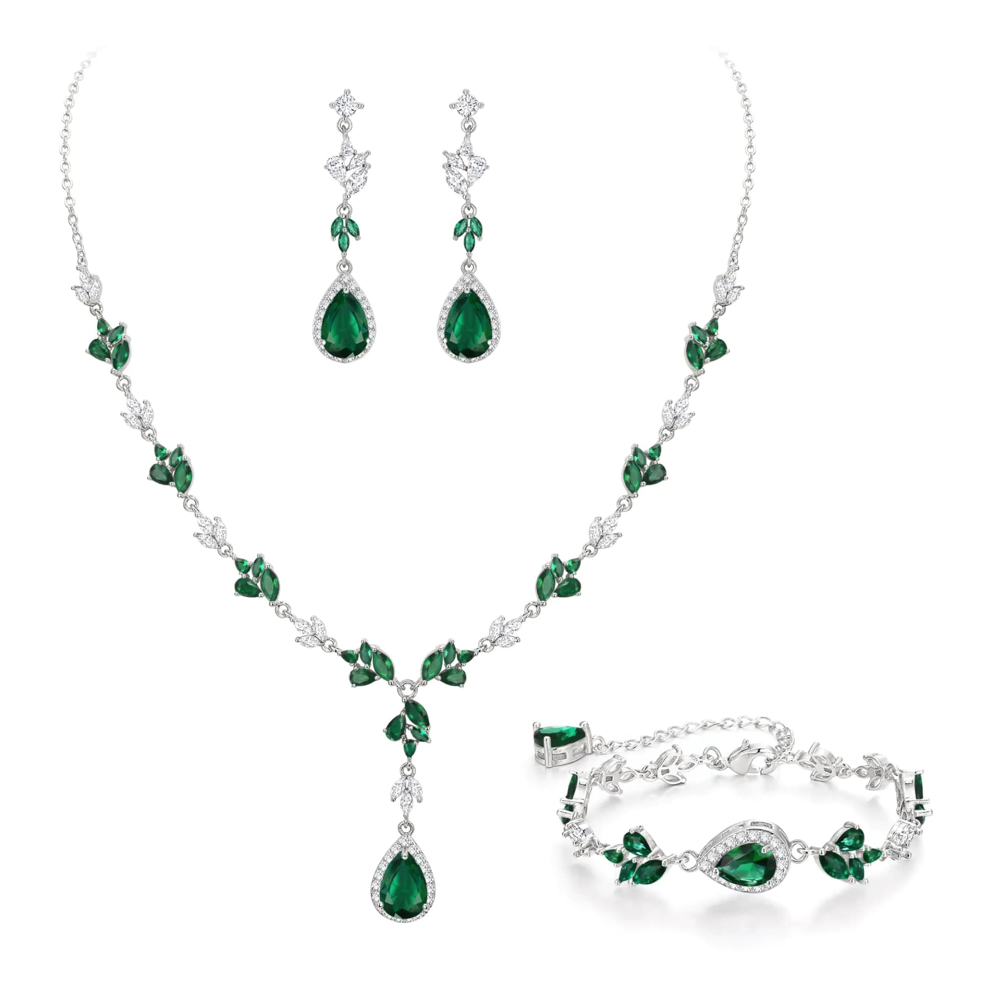 Crysdue Wedding Bridal Jewelry Set for Bridesmaids Women Teardrop Cubic Zirconia Bride Necklace Dangle Earrings Bracelet Set for Party Prom Emerald Green Silver-Tone