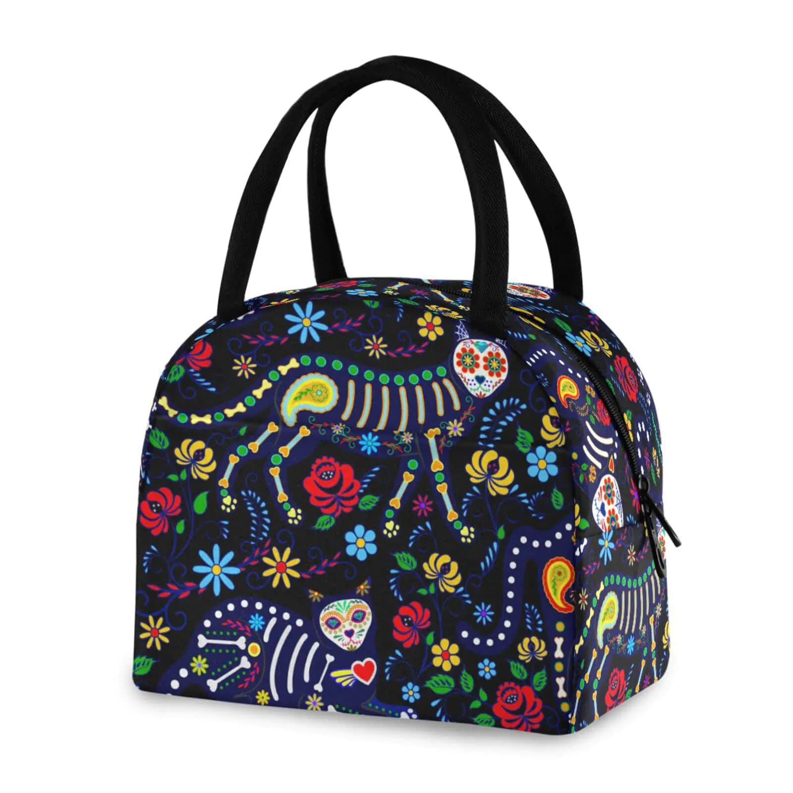 Skull Cat Halloween Insulated Lunch Bag