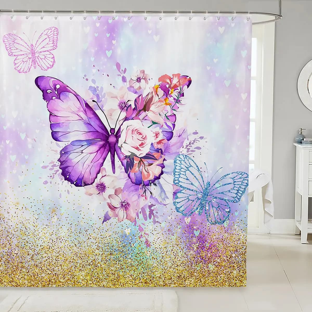 Purple Butterfly Floral Shower Curtain 72x78