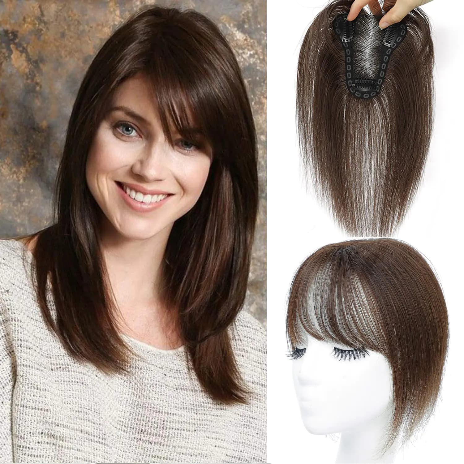 Real Human Hair Topper with Bangs Clip