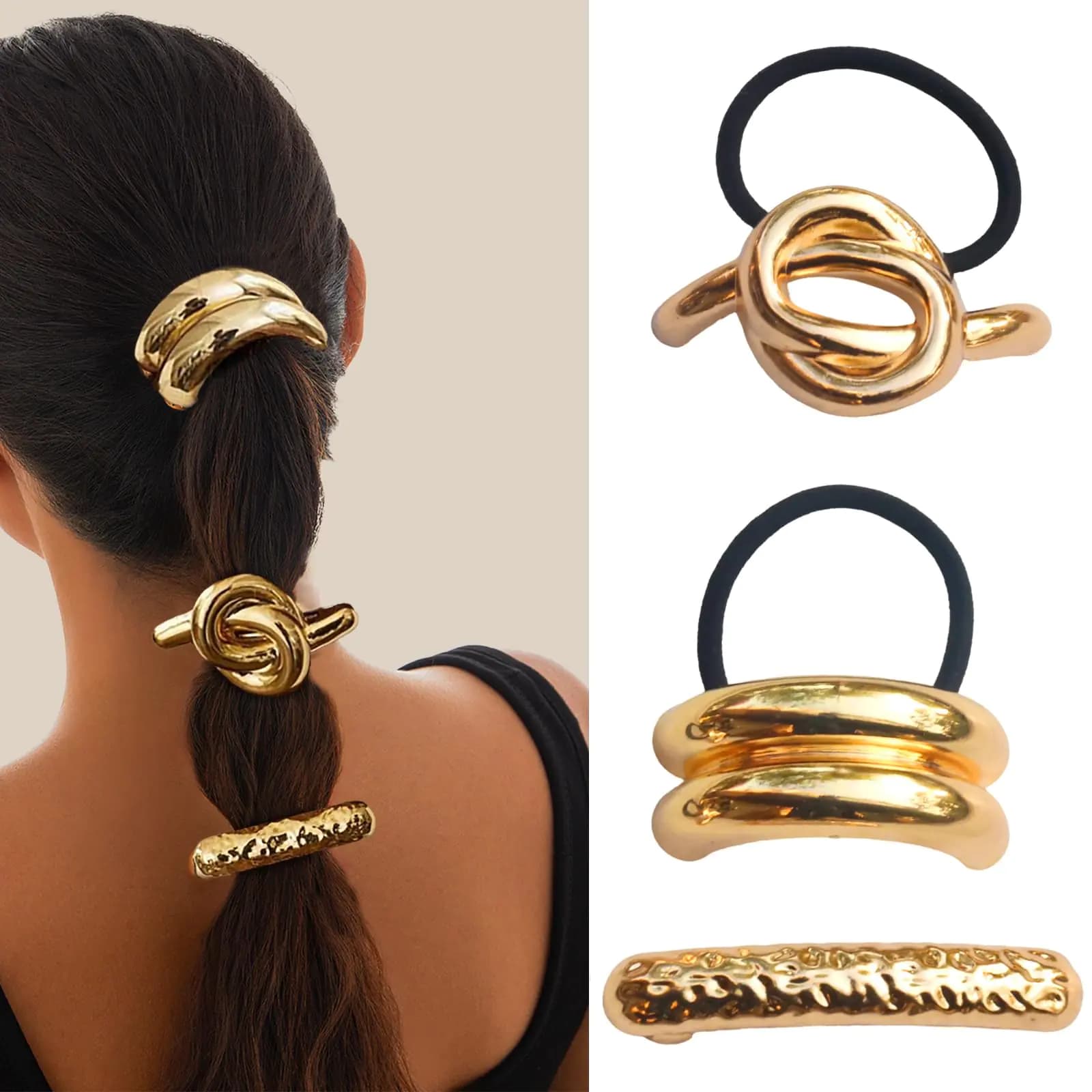 Metal Gold Geometric Hair Cuff Ponytail Holders Set