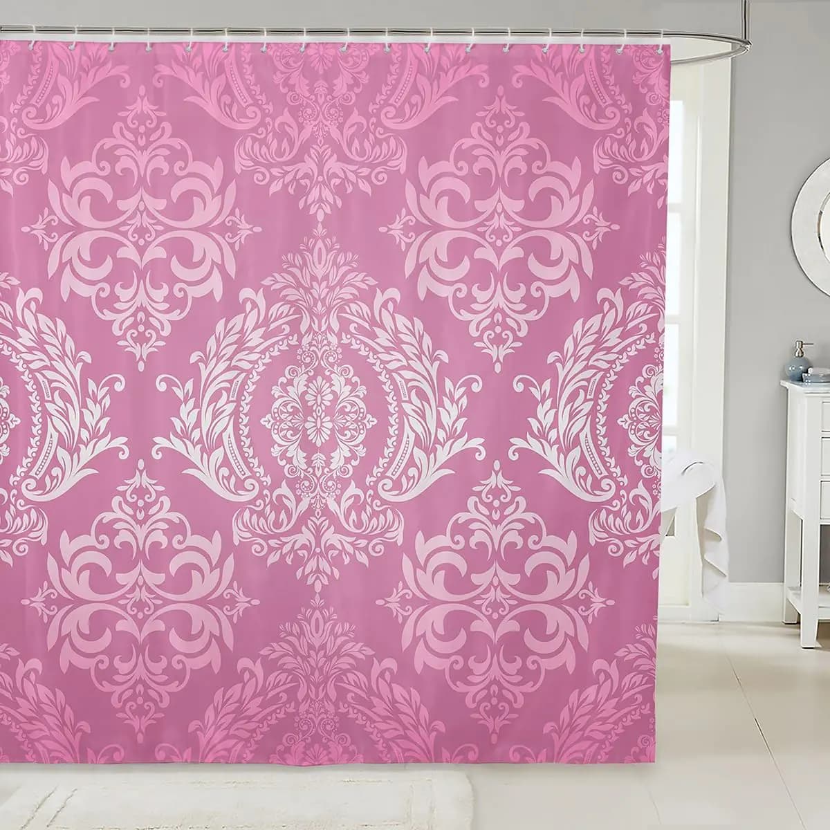 Feelyou Adults Pink Vintage Damask Floral Shower Curtain Oriental Antique Bathroom Shower Curtain Set 72"x84" Gothic Bohemia Boho Floral Bath Curtain Bohemian Exotic Bathroom Accessories
