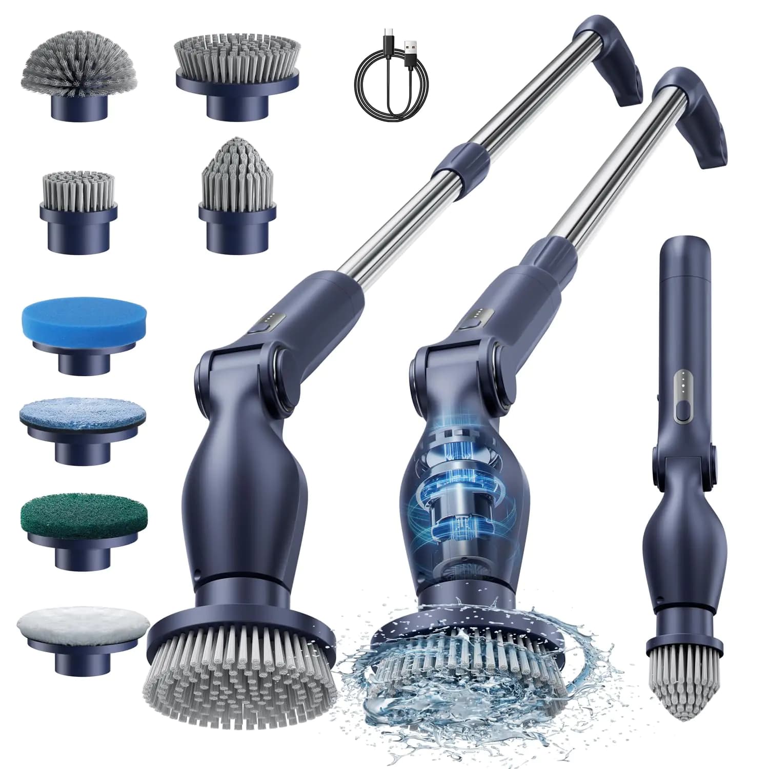 Leebein Electric Spin Scrubber Cordless Cleaning Brush with 8 Replaceable Brush Heads Adjustable Extension Handle 2 Speeds & Remote Control Power Cleaning Scrub for Bathroom Tile Car (Blue)