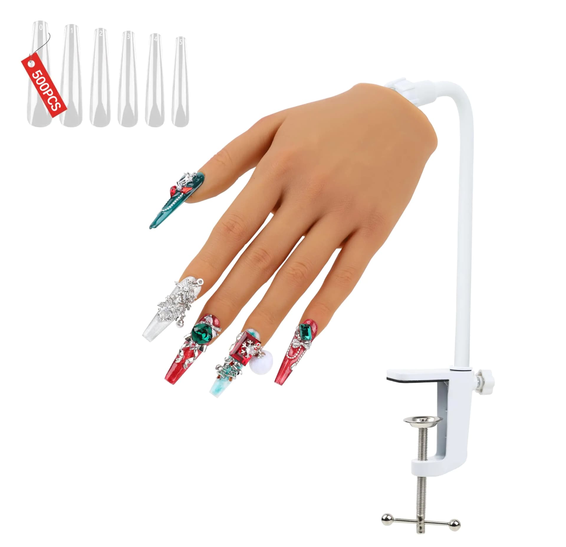 Practice Hand for Acrylic Nails with 500 Pcs NailsSilicone Nail Practice Hand Stand Flexible Bendable Nail Training Mannequin Hand for Nails Practice Nail Art Tools Single Left Hand Brown