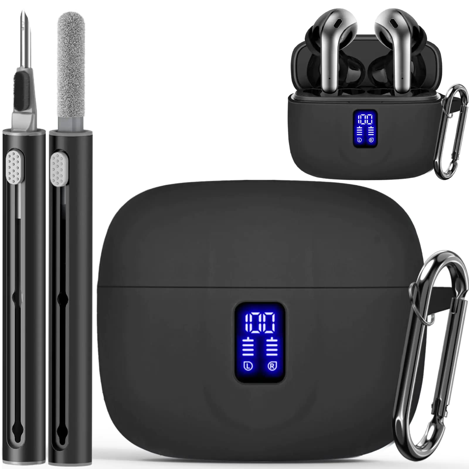Silicone Case for TAGRY X08 Wireless Earbuds Case Compatible with TAGRY Bluetooth Headphones True Wireless Earbuds with Keychain with Cleaning Pen - Black