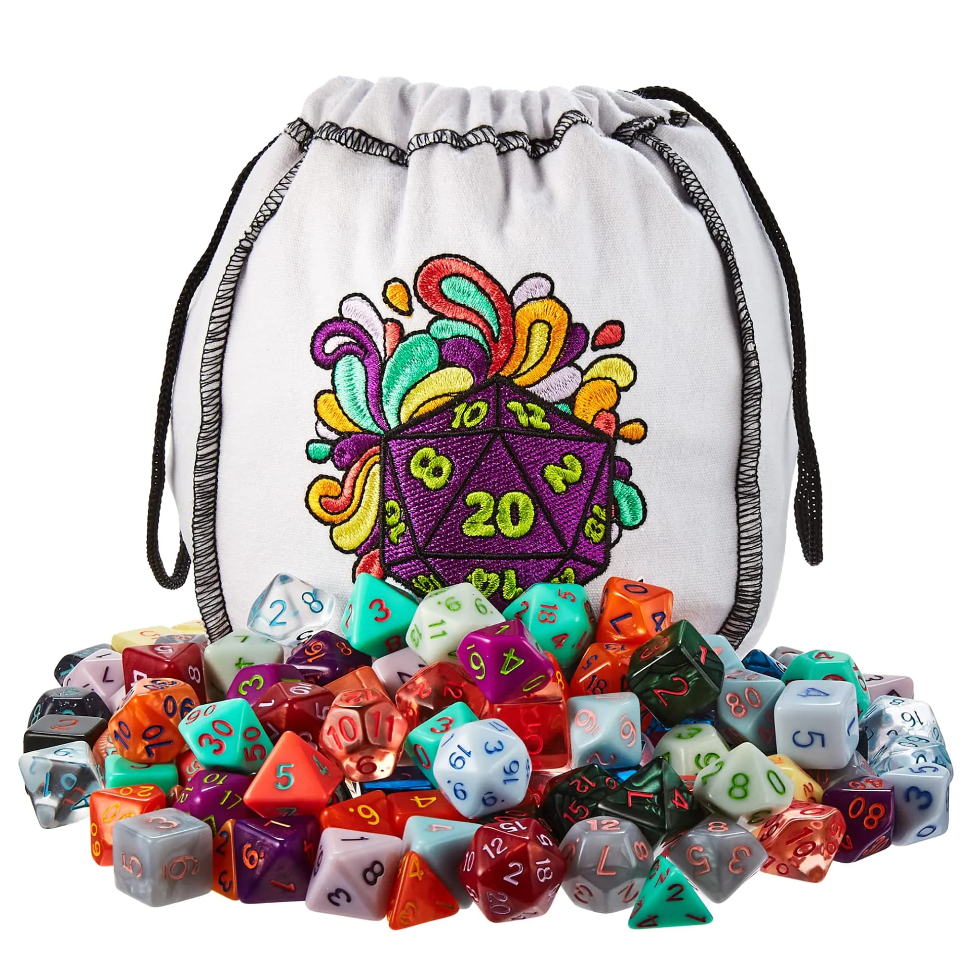 Wiz Dice Bag of Splendor - 140 Polyhedral Dice in 20 Sets - Complete Collection of Series IV Dice in Embroidered Dice Bag - TTRPG Role-Playing Bulk Tabletop RPG Gaming Accessories - D20 D6 D4