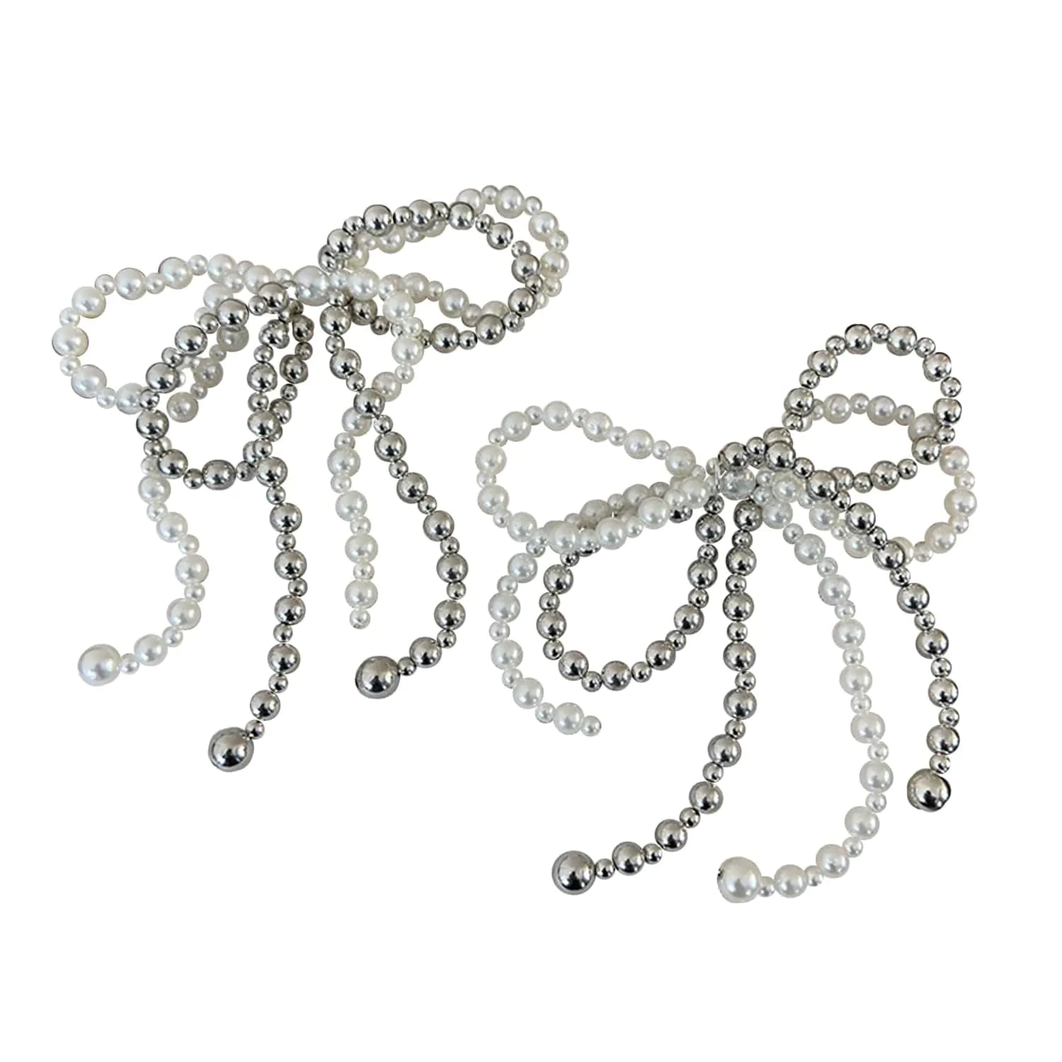 2 Pcs Pearls Bow Shoe Charms for Sneakers Elegant DIY Shoe Lace Decoration Buckle Pearl Beaded Chain Accessories for Women Dress Shoes Wedding Gift Jewelry (1 Pair White and Silver)