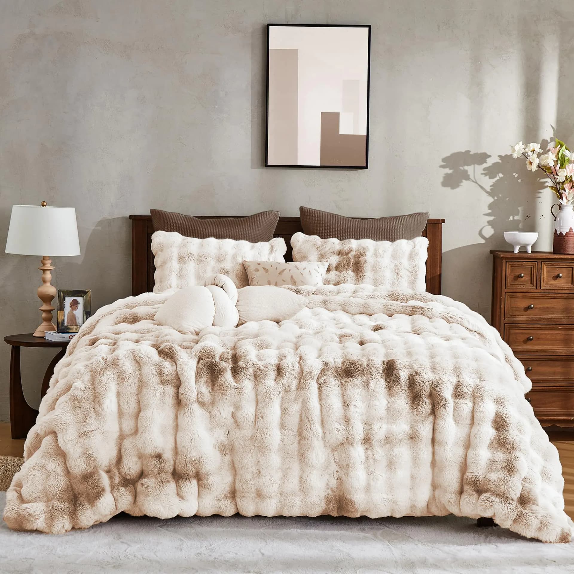 Wonderful 3 Pieces Fluffy Faux Rabbit Fur Bubble Comforter Set Queen Size Tie-Dyeing Beige Plush Fuzzy Bedding Set Warm Soft Bubble Comforter Bedding Set for Winter