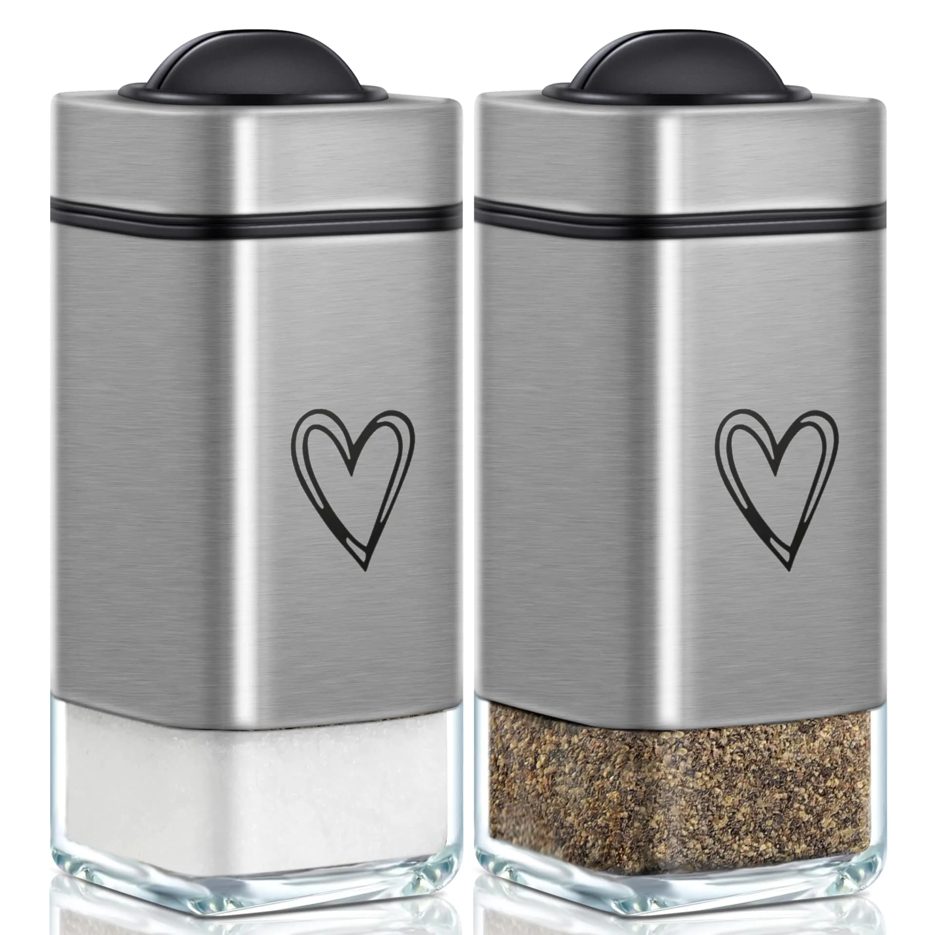 Salt and Pepper Shakers Set – Stainless Steel & Glass Moisture-Proof with Lids Modern Cute Heart Pattern Design Dispenser for Kitchen Gadgets Cooking Table RV Camp BBQ (Silver)