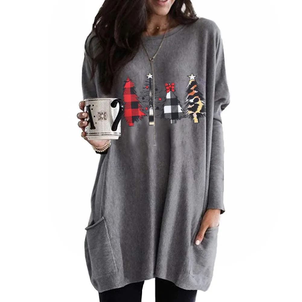 GLIGLITTR Women Dress Shirt Christmas Long Sleeve Tunic Top Christmas Movie Watching Shirt Xmas Tree Oversized T-Shirt Blouse(Trees X-Large)