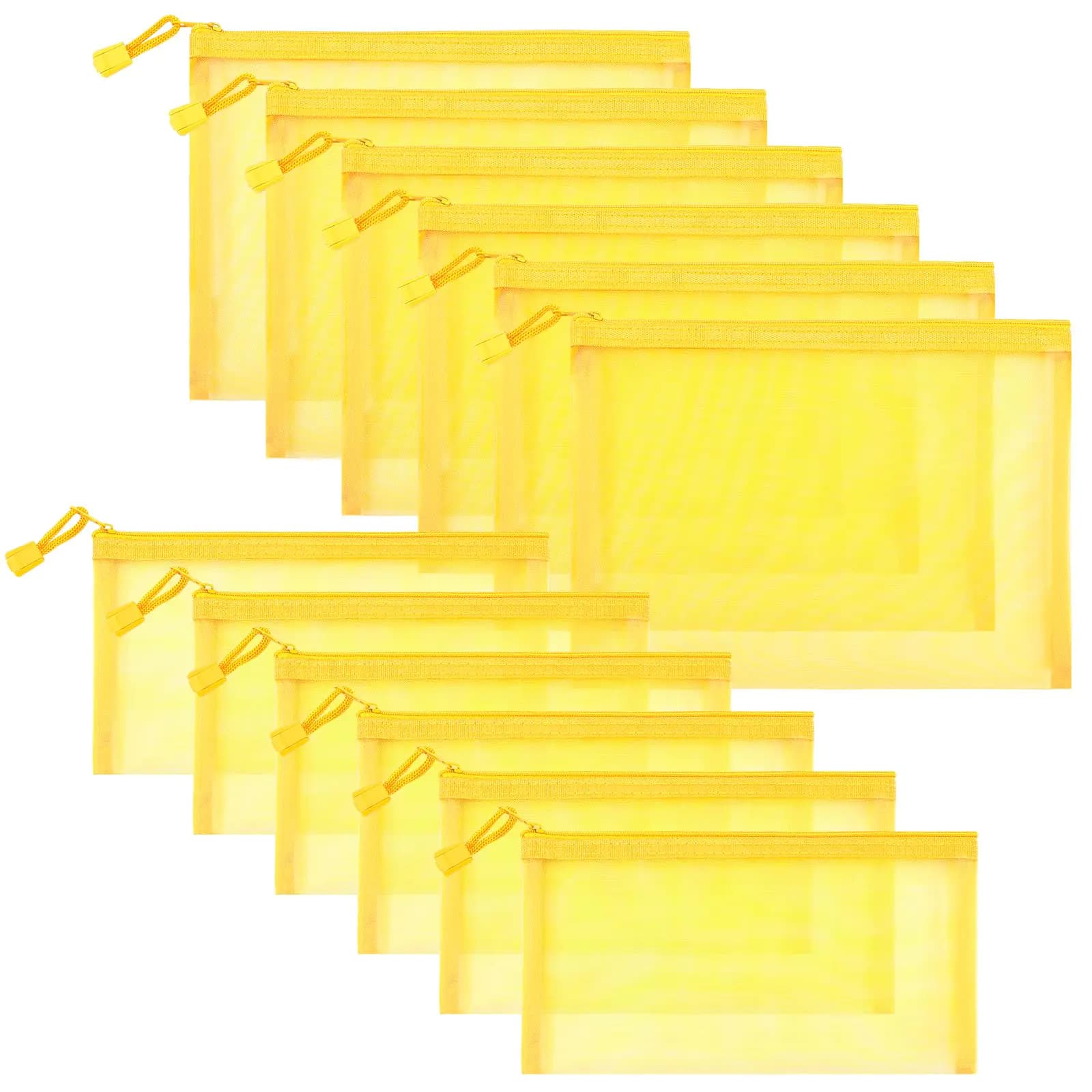 Sinzip 12 Pieces Zipper Nylon Mesh Pouch Mesh Cosmetic Bags Makeup Bags Pencil Case Multipurpose Travel Bags for Cosmetic School Office Supplies and Travel Accessories (Yellow A5+B6)