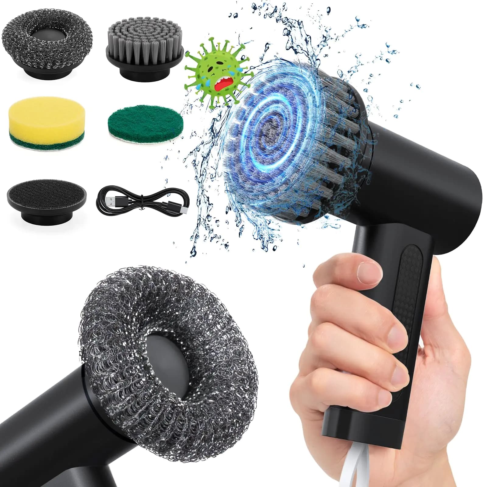 StarVal Electric Spin Scrubber 2000 mAh Cordless Power Scrubber with 4 Replaceable Brush Heads 2 Speeds Lightweight Waterproof Handheld Scrubber for Cleaning Kitchen Bathroom Sink Glass(Black)