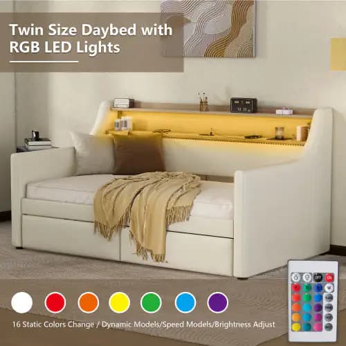Twin Size Daybed With Drawers, Upholstered Daybed With Charging Station And LED Lights, White