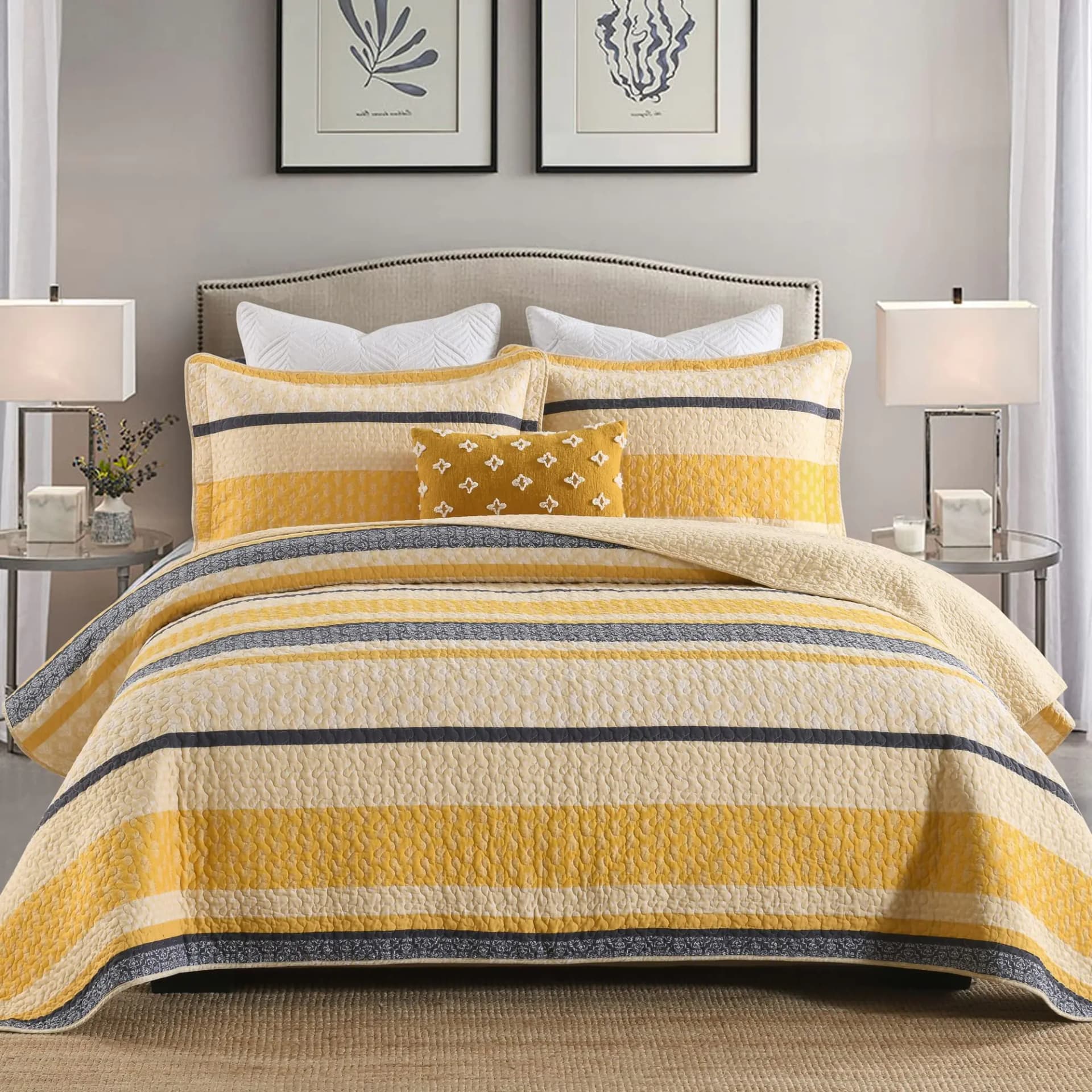 Homzard King Size Comforter Set - Cotton King Quilt Bedding Set Yellow Black Gray King Size QuiltStriped Bedspread Set for King Size Bed Farmhouse Bedding Set 3 Piece All Season