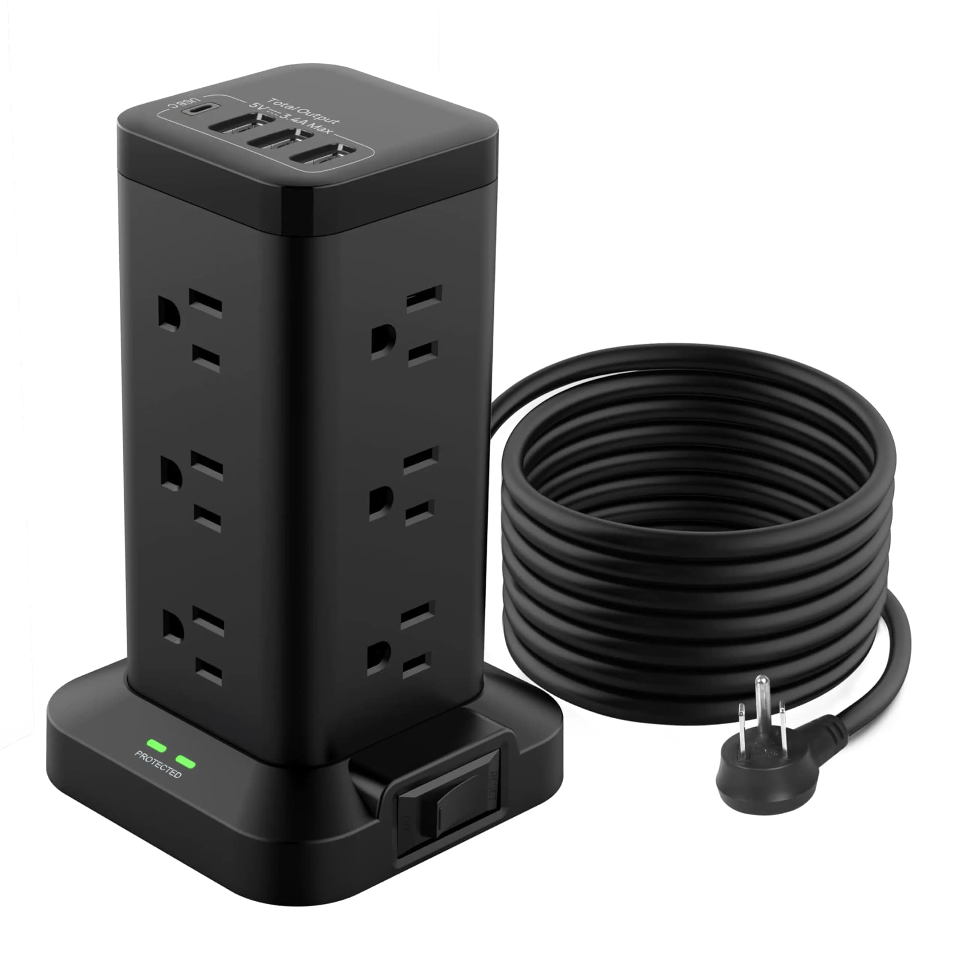 Power Strip Tower with USB Ports Black