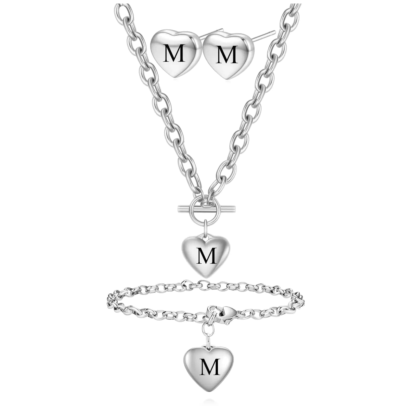 LXBQYSTO Womens 3 Pieces Heart Name Necklace Bracelet Earrings Jewelry Set Stainless Steel A-Z letters Jewelry Suits (M1 Silver)