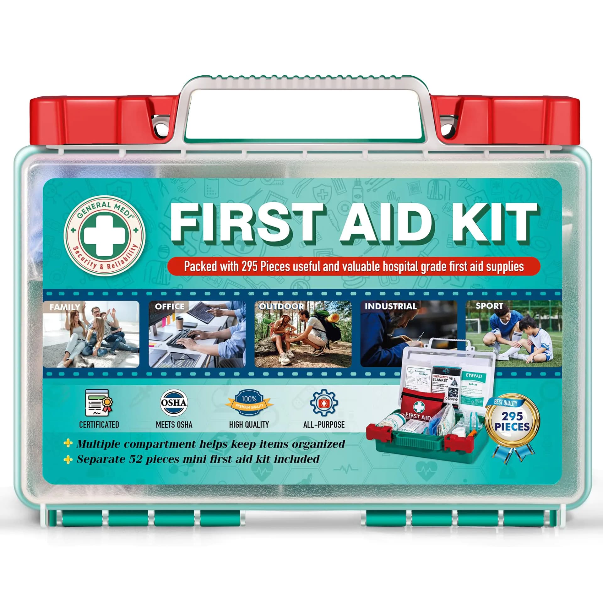 General Medi 295 Pieces Professional First Aid Kit - HardCase First Aid Box - Contains Premium Medical Supplies for Travel Home Office Vehicle Camping Workplace & Outdoor
