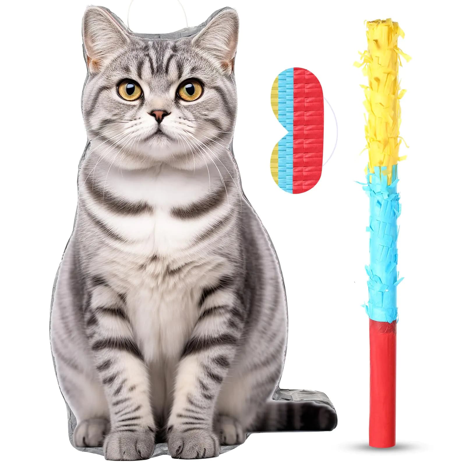 Sotiff Cat Piñata Cat Party Piñata Set Include Cat Theme Piñata with Bat Stick Blindfold Mask Cat Birthday Decoration for Cat Theme Birthday Pet Party Piñata Decoration Supplies 16.1x10.1x 2.8 Inch