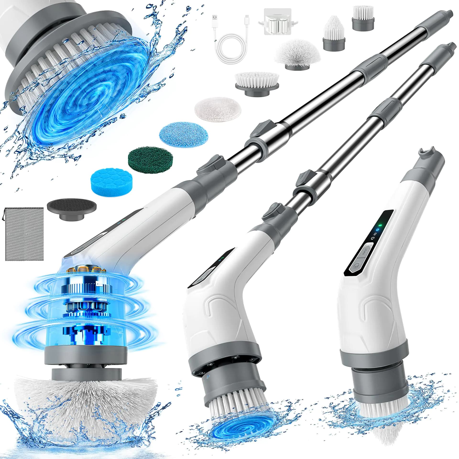 VaxBree Electric Spin Scrubber Cordless Bathroom Cleaning Brush for Home 420PRM Shower Scrubber with 8 Replaceable Head 3 Speeds Adjustable Long Handle for Bathroom Bathtub Car Kitchens- Grey