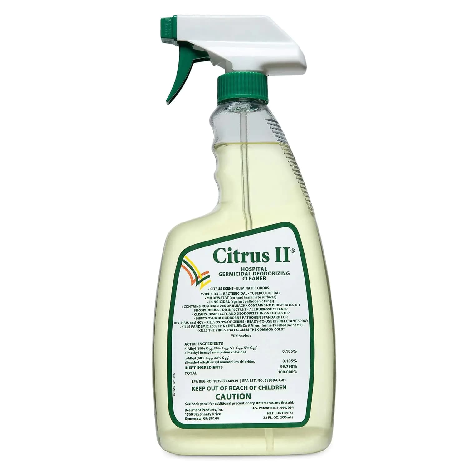 Citrus II Hospital Germicidal Deodorizing Cleaner - Fresh Citrus Scent - Disinfecting Spray - for Home Hospital and Office Surfaces and Supplies - 22 Fl Oz