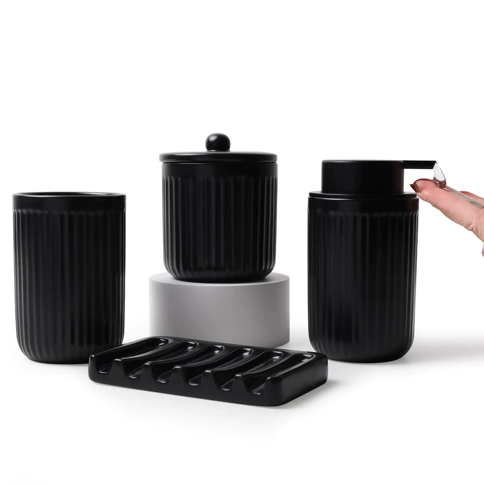 BosilunLife Ceramic Bathroom Accessories Set - Bathroom Counter Soap Set Black Bathroom Decor Sets Accessories Bathroom Lotion Soap Dispenser and Toothbrush Holder Set Soap Dish Apothecary Jars
