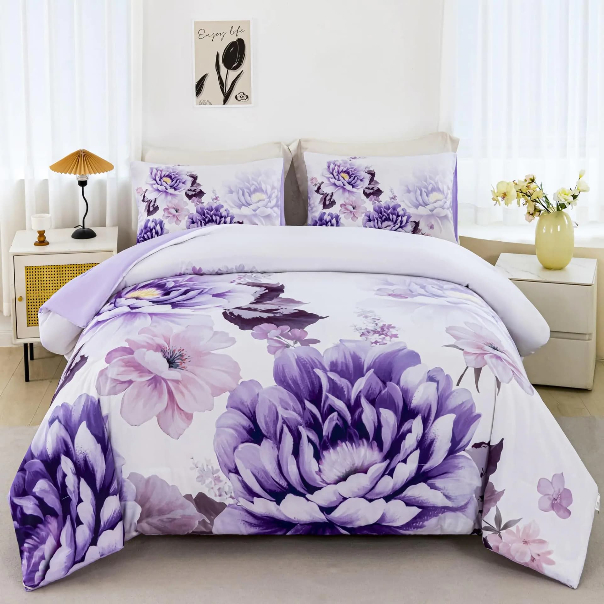 RYNGHIPY Purple Floral Comforter Set: Lightweight Soft Bedding Comforter Sets for All Season - Farmhouse Flower Bedding Set King Size (PurpleKing Size)