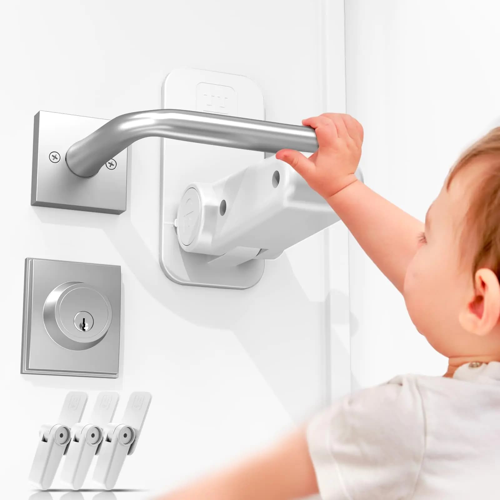 Improved door knob safety cover for kids (3 Pack) - Prevents Toddlers & Cats from Opening Doors - One Hand Operation - ABS with 3M Adhesive - No Tools Needed by BluwieBroka (White)