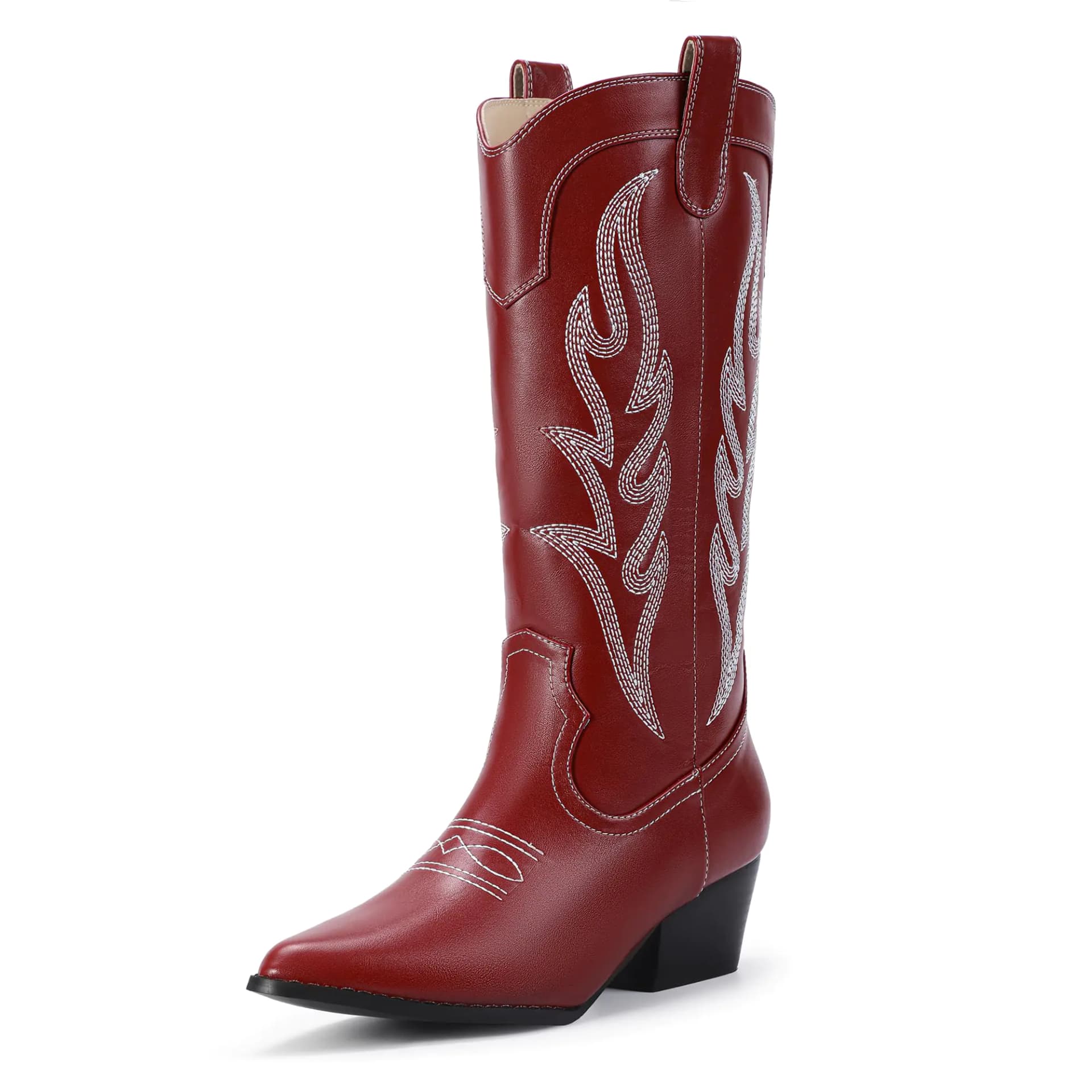 IDIFU Red Cowboy Boots for Women Cowgirl Boots Western Boots Mid Calf Chunky Low Heel Pointed Toe Embroidered Country Boots Cute Fashion Comfortable Booties for Women Dress Heeled Boots(Red 8)