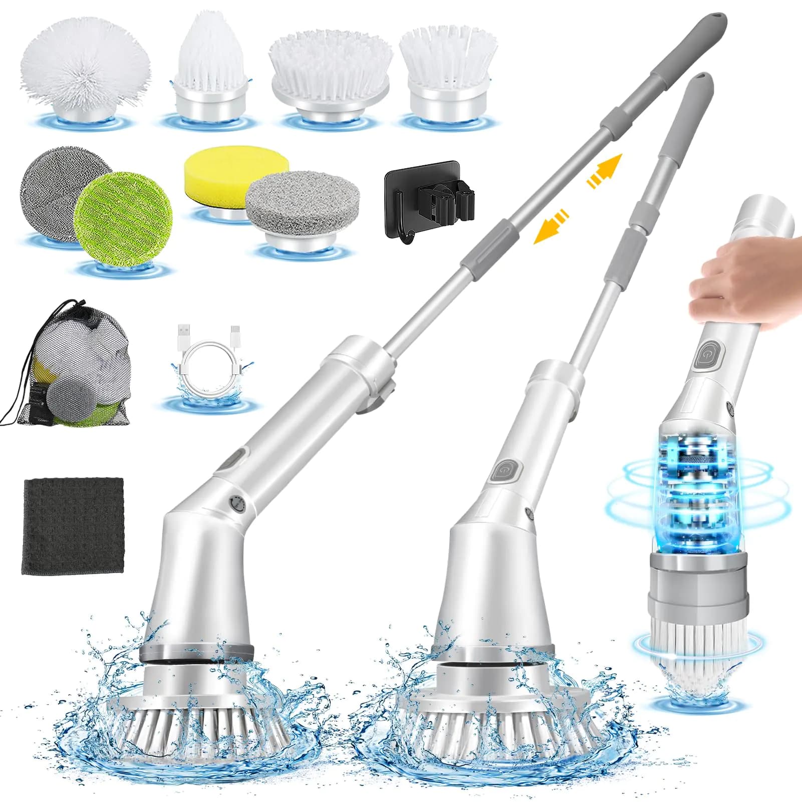 KEPEAK Electric Spin Scrubber Dual Speed Cordless Rechargeable Cleaning Brush with 8 Interchangeable Brush Heads 1.5H Work Hours Adjustable Handle for Bathrooms Kitchens Tile Floor Home Cleaning