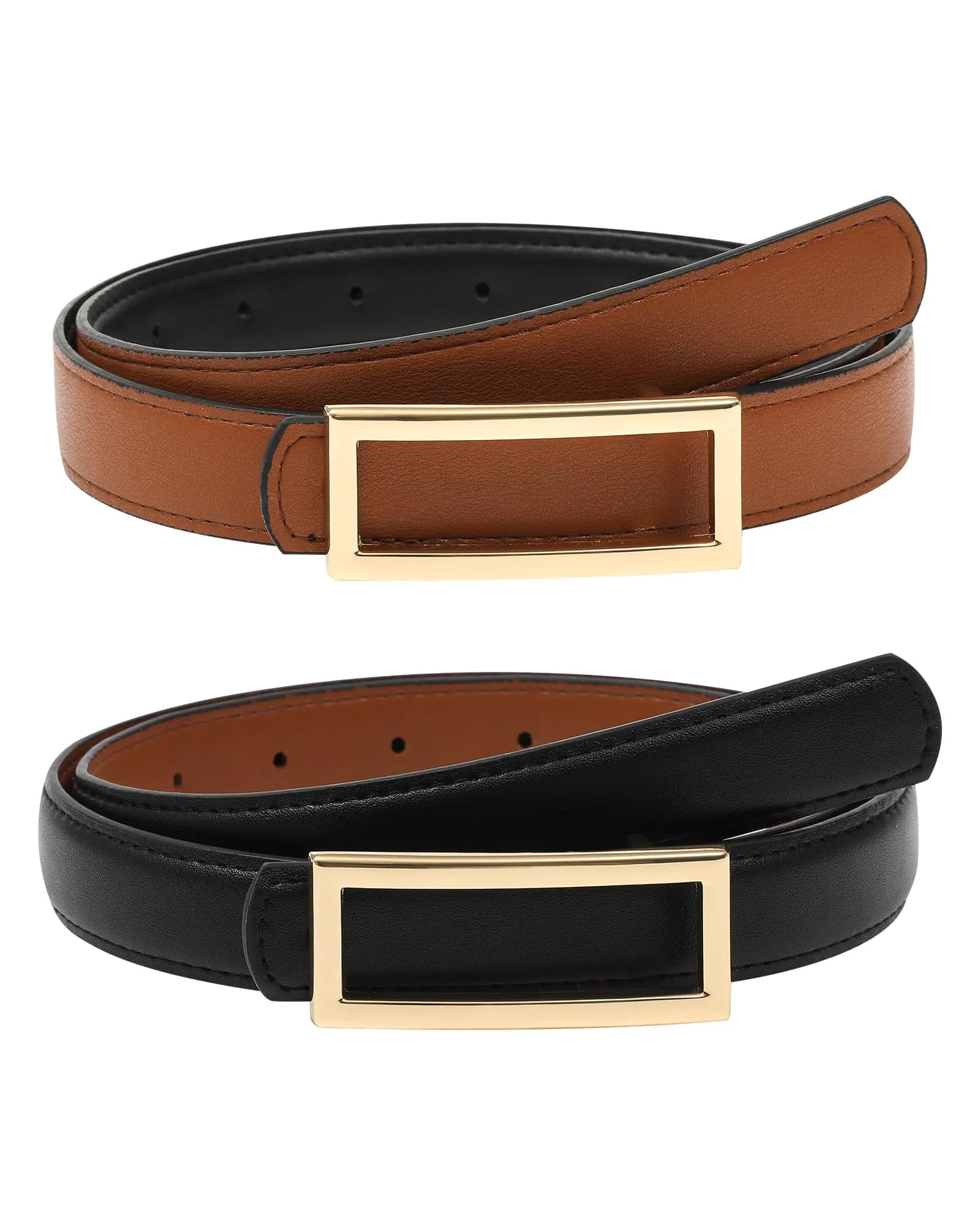 AWAYTR Women Reversible Leather Belt - Two-in-One Women Fashion Skinny Belt for Jeans with Golden Buckle (Black/Brown130cm)