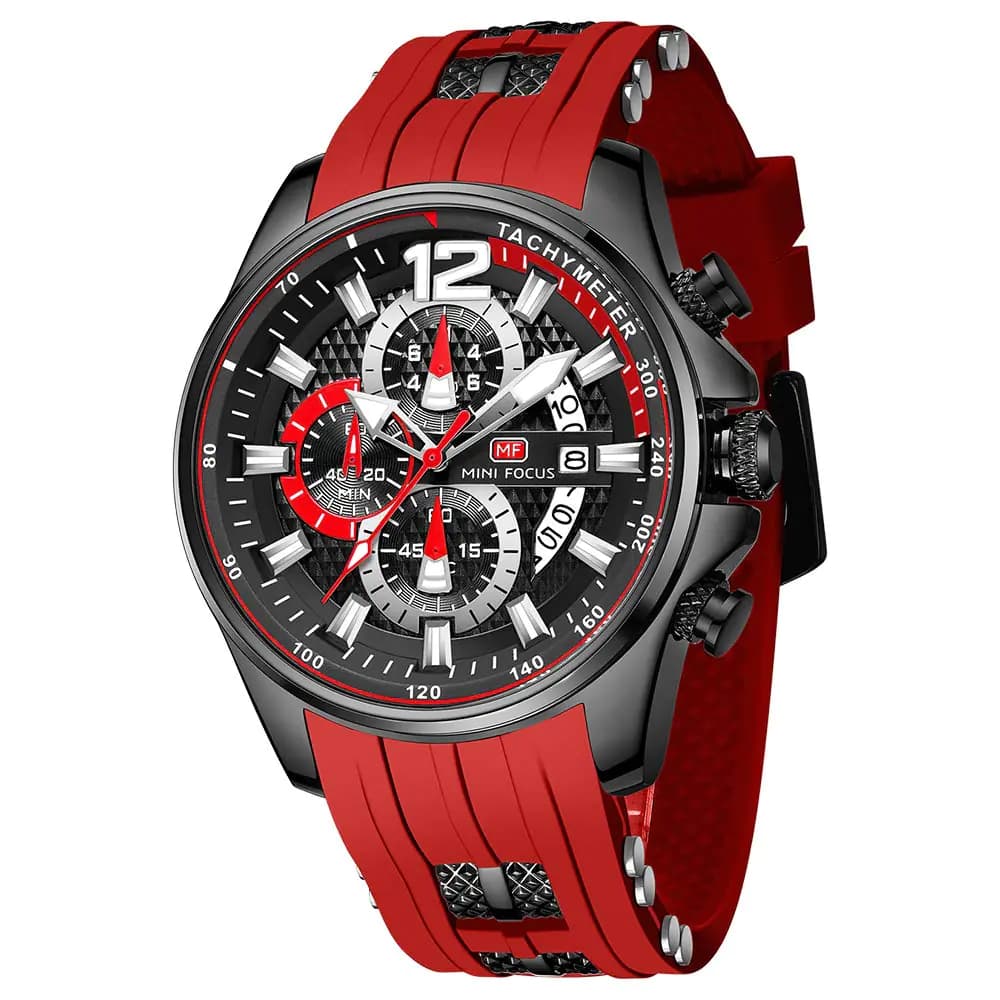 Mini Focus Men's Chronograph Watch Red-Black Silicon Band