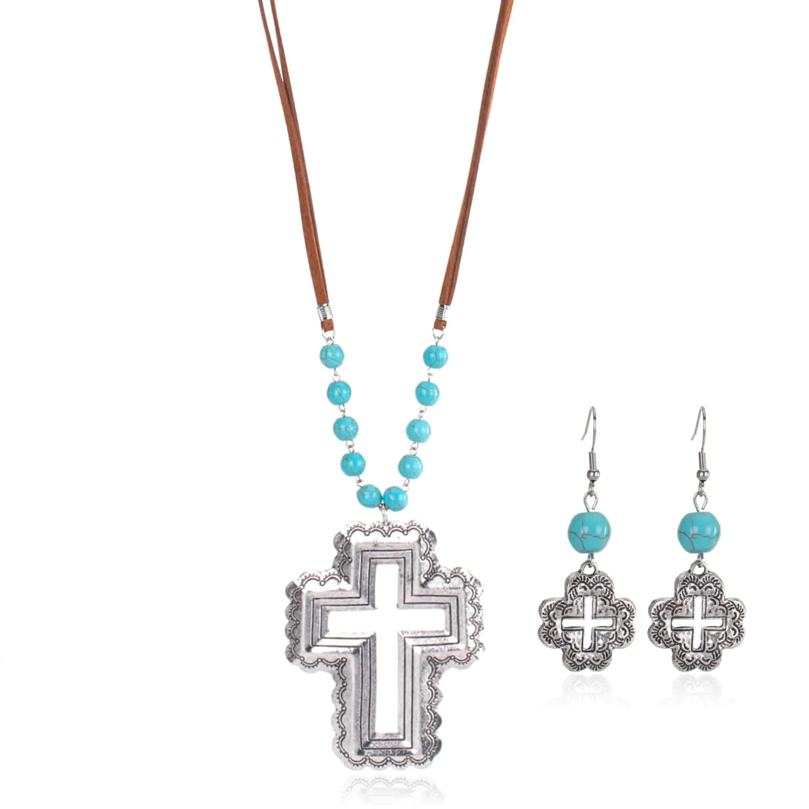 Rustic Coutures Western Cross Pendant Necklace Jewelry Set for Women 2 Pieces Cowgirl Vintage Turquoise Necklace Earring Set