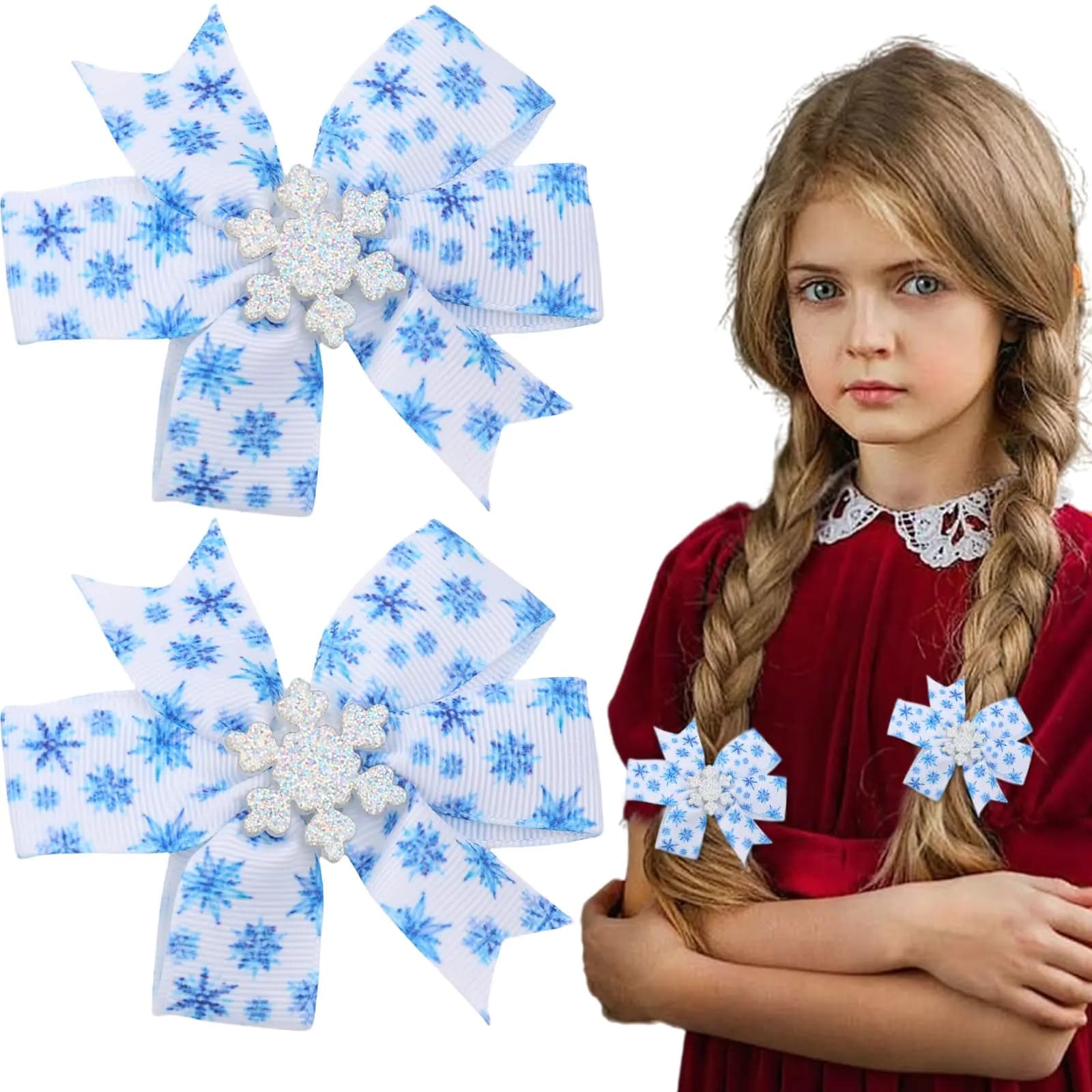 HIFANMM Christmas Hair Clips Snowflake Hair Accessories for Women Girls Cute Cartoon Glitter Hair Accessories Blue Bow Hairpins Alligator Hair Barrettes New Year Xmas Party Decor Supplies 2Pcs