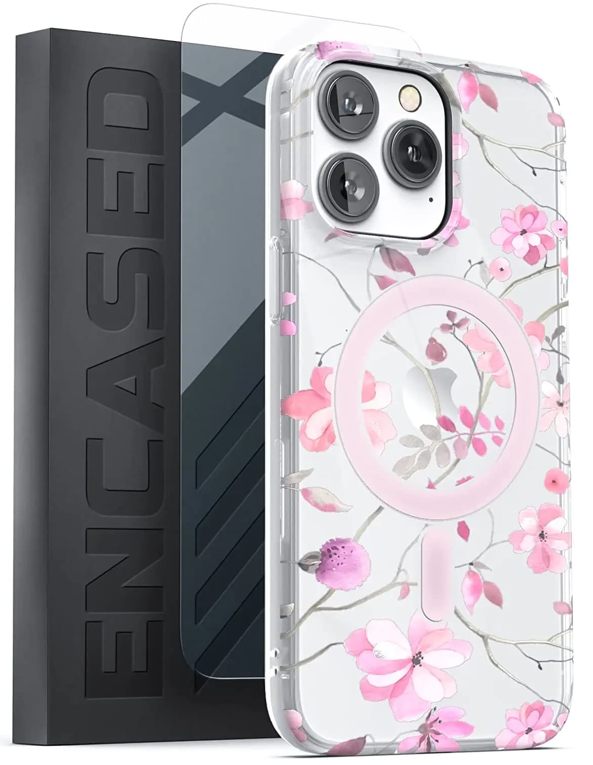 ENCASED Magnetic Case Designed for iPhone 14 PRO with Screen Protector - Compatible with MagSafe Phone Accessories (Pink Flowers)