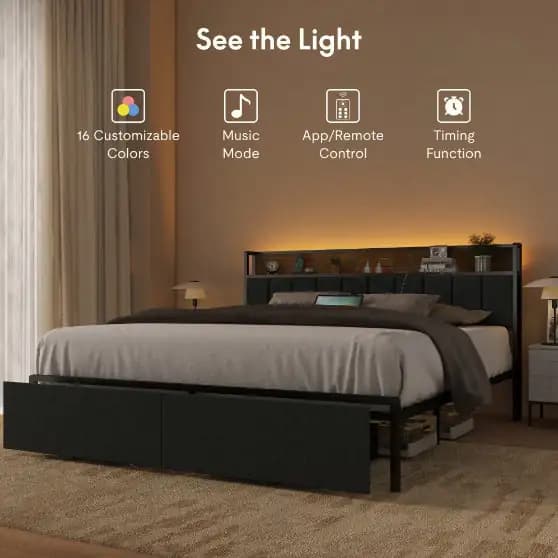 Full Bed Frame With Charging Station And LED Lights - Upholstered Headboard With Storage Shelves