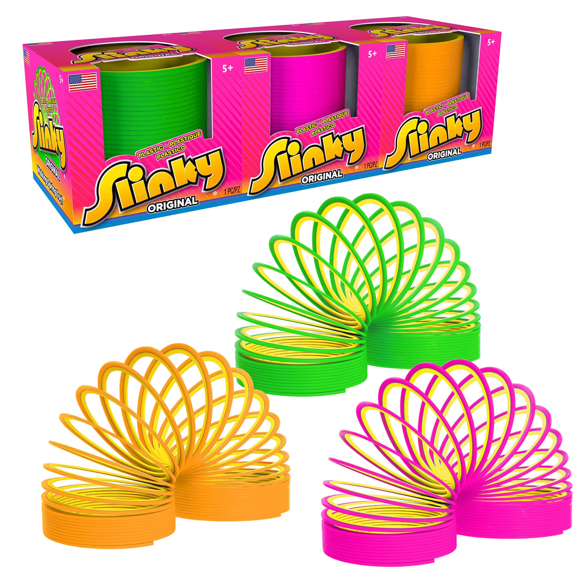 Slinky the Original Walking Spring Toy Plastic Slinky 3-Pack Multi-color Neon Spring Toys Kids Toys for Ages 5 Up by Just Play